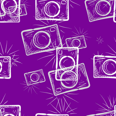 Seamless pattern with hand drawn vintage photo cameras. Doodle endless backgroundのイラスト素材