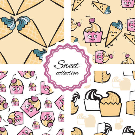 Collection of seamless pattern with hand drawn cupcake and ice cream, pastry, dessert. Vector background with pink muffins. Print, package design, wrapping, textileのイラスト素材