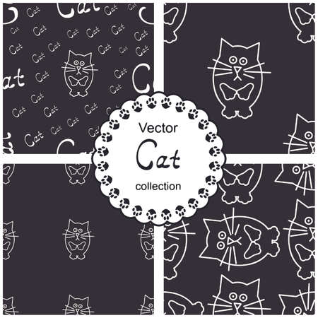 Pattern collection with cat. Seamless doodle background set with word CAT written by handのイラスト素材