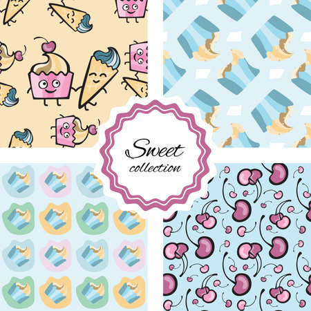 Seamless pattern with hand drawn cupcake, pastry, dessert. Vector background with muffins, cherry, ice-creamのイラスト素材