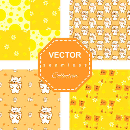 Bright colored seamless pattern set with cat and mouse. Vector background for children's clothing, fabrics, packaging, Internetのイラスト素材