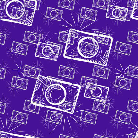 Seamless pattern with hand drawn vintage photo cameras. Doodle endless backgroundのイラスト素材