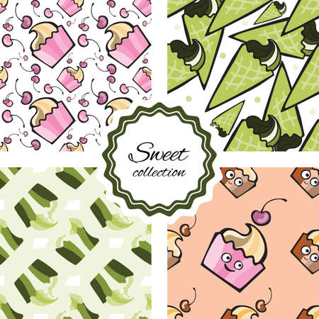 Seamless pattern with hand drawn cupcake, pastry, dessert and cherry. Vector background with pink and blue muffins. Print, package design, wrapping, textileのイラスト素材
