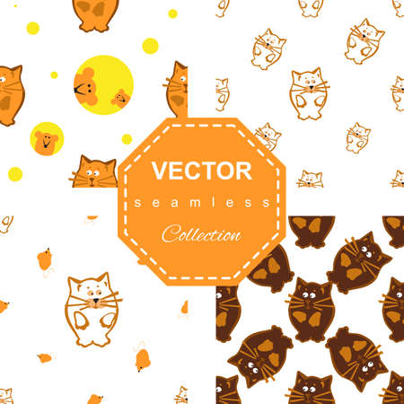 Bright colored seamless pattern set with cat and mouse. Vector background for children's clothing, fabrics, packaging, Internetのイラスト素材