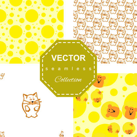 Bright colored seamless pattern set with cat and mouse. Vector background for children's clothing, fabrics, packaging, Internetのイラスト素材