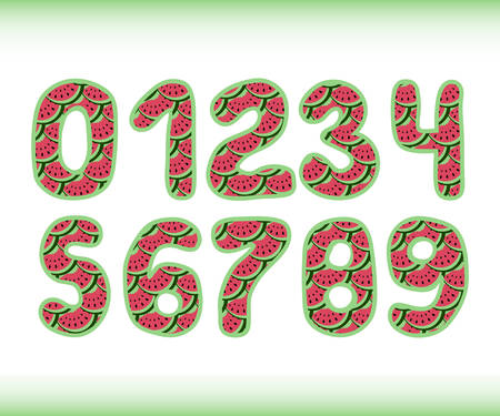 Pink and green watermelon numbers 1234567890. Hand drawn vector illustration isolated on whiteのイラスト素材
