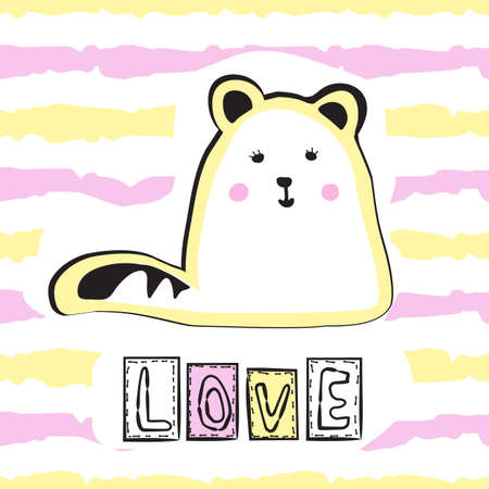 Cute cat on striped background for apparel or other uses. Hand drawn illustrationのイラスト素材