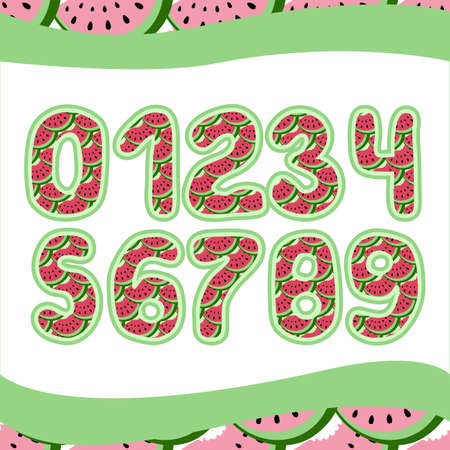 Pink and green watermelon numbers 1234567890. Hand drawn vector illustration isolated on whiteのイラスト素材