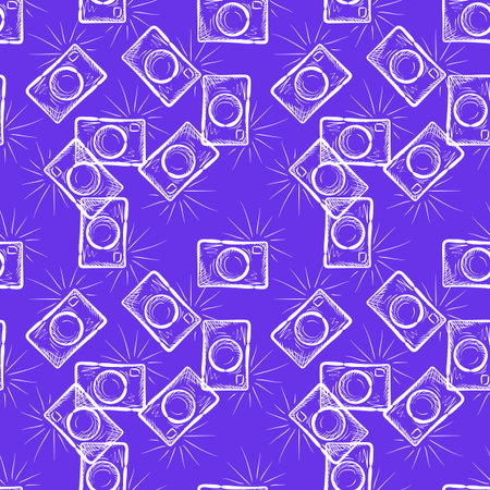 Seamless pattern with hand drawn vintage photo cameras. Doodle endless background