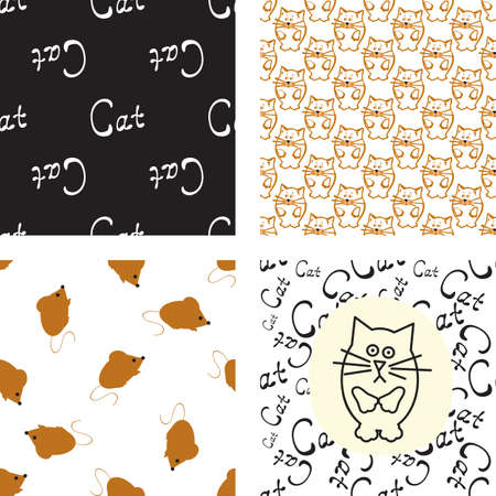 Hand drawn seamless pattern set with cat and mouseのイラスト素材