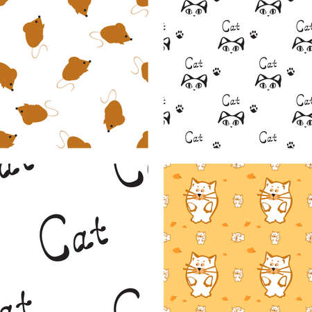 Hand drawn seamless pattern set with cat and mouseのイラスト素材