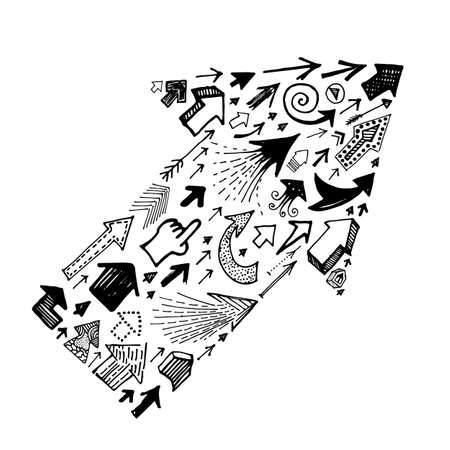 Big arrow shape made with small arrows. Hand drawn vector arrows set isolated. Teamwork goal conceptのイラスト素材