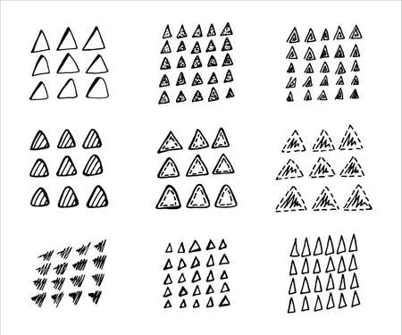 Collection of hand drawn triangles. Set of black and white geometric elementsのイラスト素材