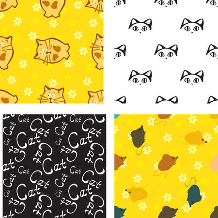 Hand drawn seamless pattern set with cat and mouseのイラスト素材