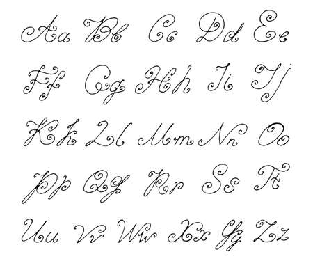Hand drawn vector alphabet. Doodle font isolated on white. Sketch of letters written with marker or inkのイラスト素材