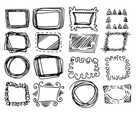 Hand drawn vector frames collection. Cartoon style vector doodles. Pencil effect isolated borders.のイラスト素材