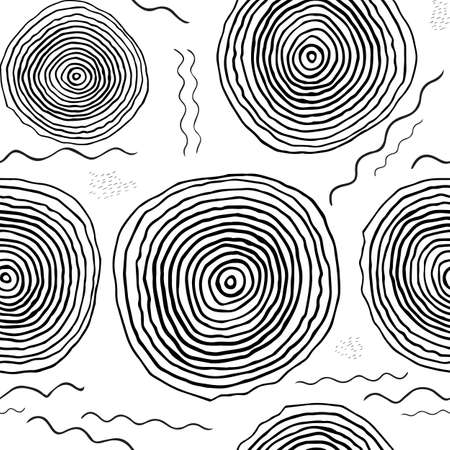 Black and white hand drawn endless background. Seamless tribal pattern with lines and circles. Monochrome organic doodle design for textile, wallpaper, wrapping paper, webのイラスト素材