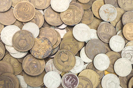 Silver and copper USSR coins. Old Soviet Union expired money backgroundの写真素材