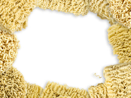 Frame of instant noodles close up isolated on white background. Oriental unhealthy tasty fastfood.の写真素材