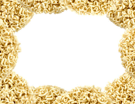 Frame of instant noodles close up isolated on white background. Oriental unhealthy tasty fastfood.の写真素材