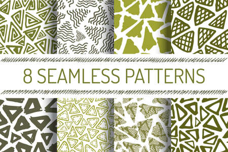 Hand Drawn Seamless Triangle Pattern In Retro Style. Olive Colors Delta Background Set. Trigon Squiggle Texture Organic Geometric Designのイラスト素材
