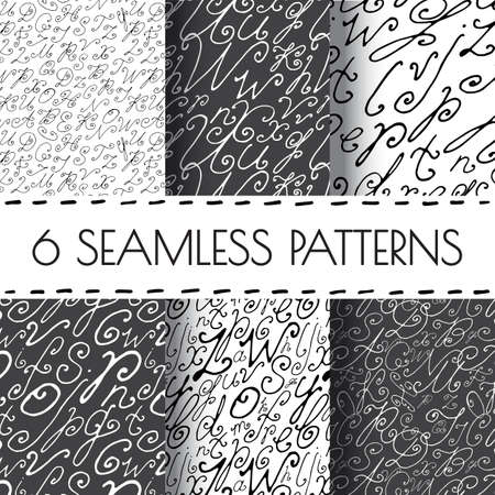 Set Of Seamless Hand Drawn Grunge Background With Alphabet. Black And White Patternのイラスト素材