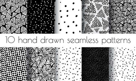 Hand Drawn Seamless Triangle Pattern With Ink Doodles. Black And White  Delta Background Set. Trigon Squiggle Texture Organic Geometric Designのイラスト素材