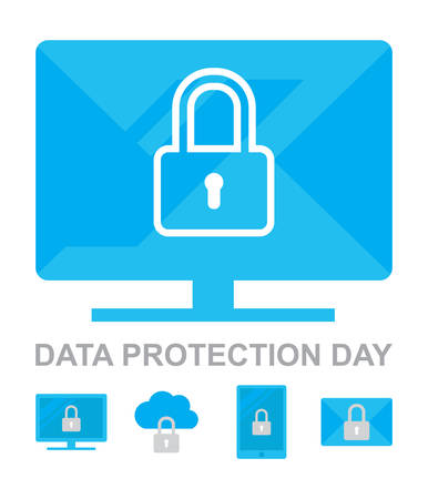 Data Privacy Day 26 January. Protection and Security Concept Icons Collection. Information Safety Symbols with Locked Cloud, Computer, Tablet, E-mailのイラスト素材