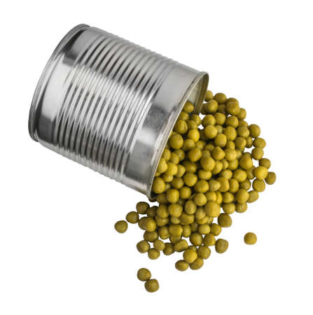 Green Canned Peas Isolated on White. Vegetarian Food Background Top Viewの写真素材