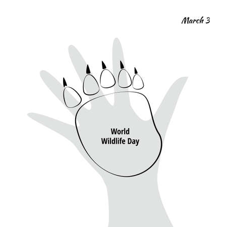 Black and White Illustration of World Wildlife Day with Animal Footprint and Human Handのイラスト素材