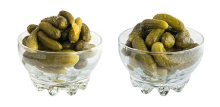 Homemade Pickled Gherkins or Cucumbers in Glass Round Bowl. Fermented Food with Spices Isolatedの写真素材