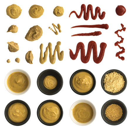 Big Set of Mustard Sauces and Ketchup Splashes Isolated on White Background Top Viewの写真素材