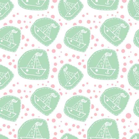 Cute Boat in Patchwork Style Seamless Pattern or Endless Backgroundのイラスト素材