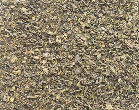 Natural Green tea leaves background. Dry brown-green herbal texture