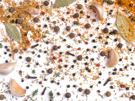 Group of Dry Spices with Thyme and Black Pepper Isolated on White Background Top Viewの写真素材