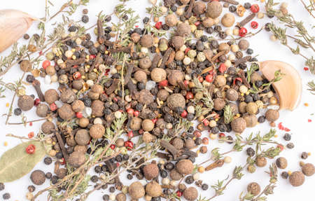 Group of Dry Spices with Thyme and Black Pepper Isolated on White Background Top Viewの写真素材