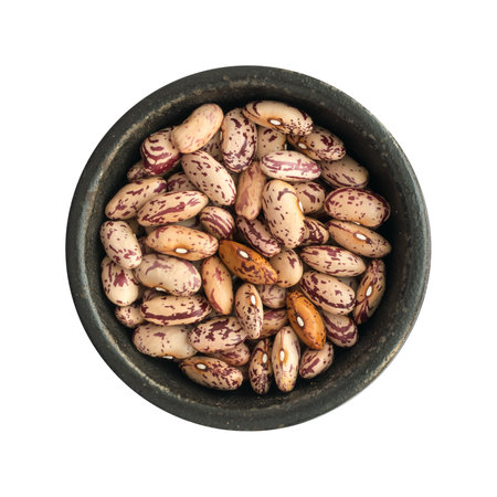 Dry White and Pinto Beans in Round Bowls Isolated. Multicolored Legumes Top View