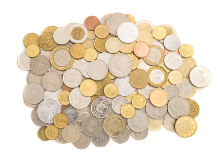 Collection of Coins from Around the World. Metal Money of Different Countries Isolated on White