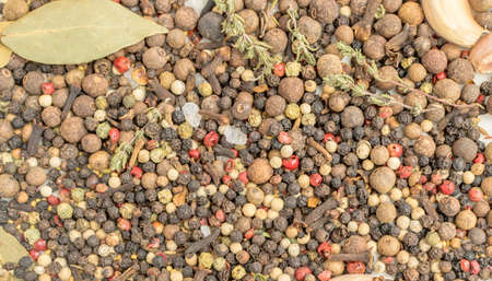 Dry Spices Mix Background with Thyme and Black Pepperの写真素材