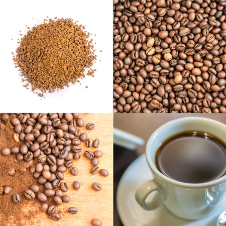 Collage with Roasted Whole and Crushed Coffee Beans with Cup of Coffee on White and Wooden Backgroundの写真素材