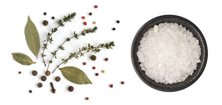 Dry Spices with Sea Salt in Bowl Isolated on White Backgroundの写真素材
