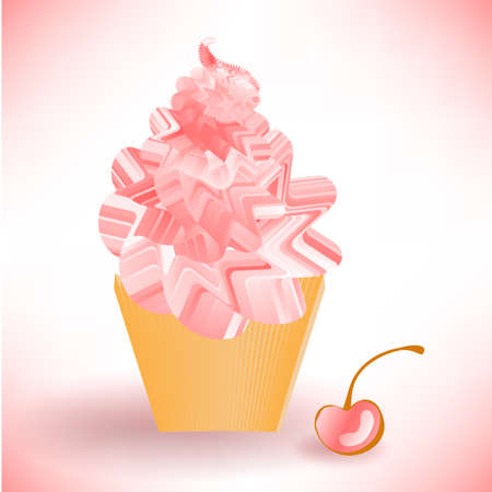 Pink Vector Cake or Ice Cream with Cherry in a Brown Cup on a White Backgroundのイラスト素材