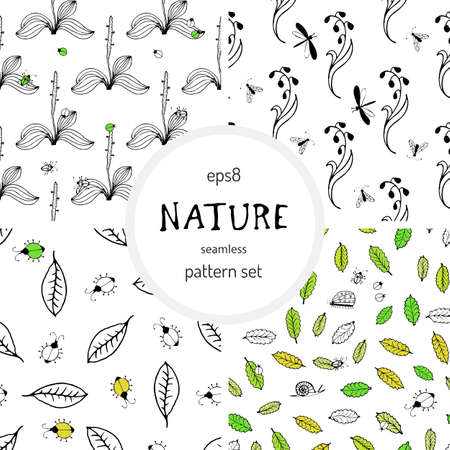 Hand Drawn Nature Pattern. Black and White Eco Seamless Vector Textureのイラスト素材