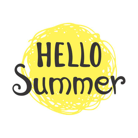 Phrase Hello Summer Vector Illustration. Happy Season Background for Design. Summer Lettering in Hand Drawn Styleのイラスト素材