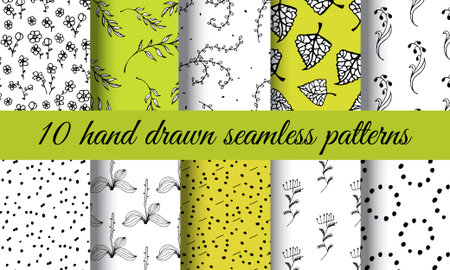 Hand Drawn Nature Pattern. Black and White Eco Seamless Vector Textureのイラスト素材