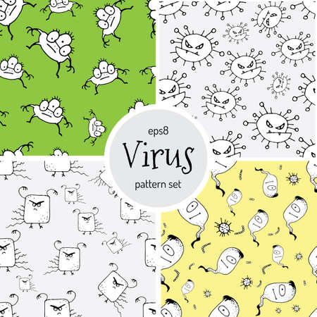 Hand Drawn Cartoon Virus Pattern for Medical Design. Cute Monster Characters of Germ Infection or Bacteria. Vector Microbe Pathogen Seamless Background. Scetched Funny Viruses for Booklet Coverのイラスト素材