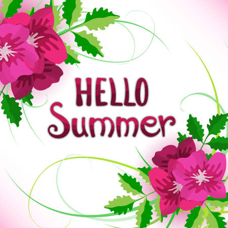Mallow Flowers and Phrase Hello Summer Vector Illustration. Happy Season Background for Design. Summer Lettering in Hand Drawn Styleのイラスト素材