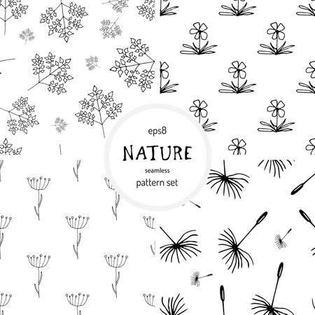 Set of Hand Drawn Nature Pattern. Eco Seamless Vector Texture Collectionのイラスト素材