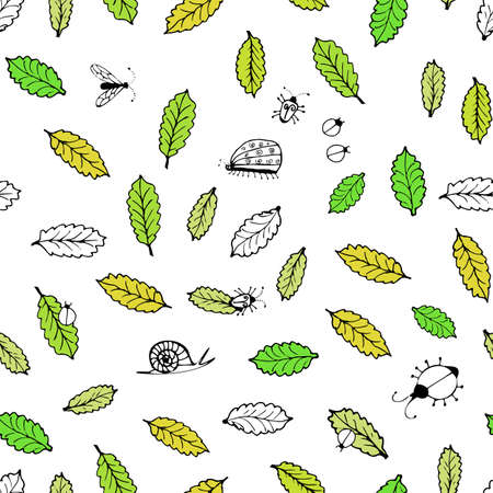 Hand Drawn Nature Pattern. Black and White Eco Seamless Vector Texture with Plants and Insectsのイラスト素材