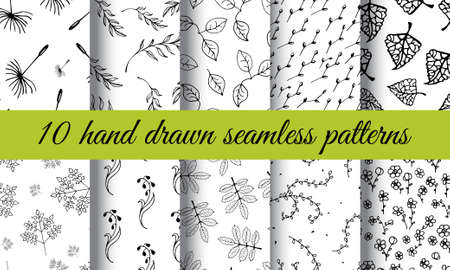 Hand Drawn Nature Pattern. Black and White Eco Seamless Vector Textureのイラスト素材